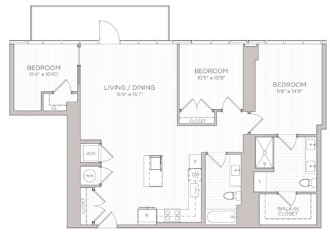 Floor plan for 3 beds, 2 baths, 1304 sqft